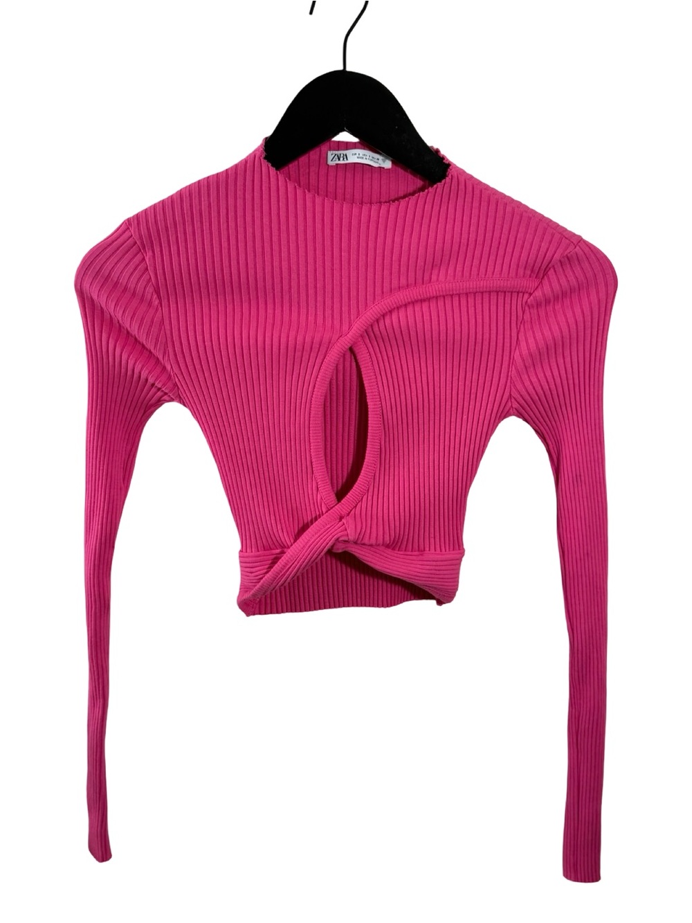 Zara Hot Pink Ribbed Twist-Cutout Long Sleeve Crop Top